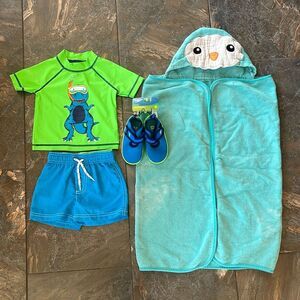 Carters 12 month boys Swim Set- NWT Speedo water shoes Sm 5-6 & hooded Towel